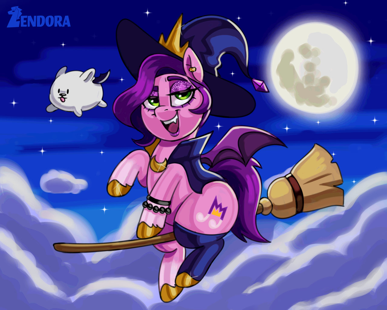 [bat wings,bracelet,broom,chubby,clothes,cloud,costume,cute,dog,eyeshadow,female,flying,g5,halloween,hat,holiday,jewelry,makeup,mare,moon,nightmare night,open mouth,pegasus,piercing,pony,safe,signature,wings,witch,witch hat,pomeranian,ear piercing,flying broomstick,smiling,spread wings,halloween costume,absurd resolution,open smile,witch costume,winged dog,adorapipp,pipp petals,cloudpuff,flying pomeranian,pippsqueaks,pipp is chubby,artist:zendora,halloween2023]
