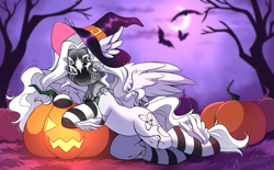 Size: 3489x2160 | Tagged: safe, alternate character, alternate version, artist:airiniblock, oc, oc only, bat, pegasus, pony, rcf community, belly, clothes, commission, ear fluff, halloween, hat, high res, holiday, hut, jack-o-lantern, moon, night, pegasus oc, pumpkin, round belly, socks, solo, striped socks, tree, witch hat, ych result