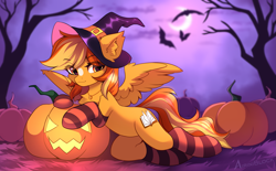 Size: 3489x2160 | Tagged: safe, alternate character, alternate version, artist:airiniblock, oc, oc only, oc:serenity, bat, pegasus, pony, rcf community, belly, clothes, commission, ear fluff, halloween, hat, high res, holiday, hut, jack-o-lantern, moon, night, pegasus oc, pumpkin, round belly, socks, solo, striped socks, tree, witch hat, ych result
