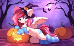Size: 3489x2160 | Tagged: safe, alternate character, alternate version, artist:airiniblock, oc, oc only, oc:winter gala, bat, pegasus, pony, rcf community, belly, clothes, commission, ear fluff, halloween, hat, high res, holiday, hut, jack-o-lantern, moon, night, pegasus oc, pumpkin, round belly, socks, solo, striped socks, tree, witch hat, ych result