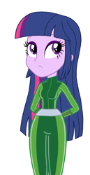 Size: 1024x1977 | Tagged: safe, artist:katnekobase, twilight sparkle, human, equestria girls, g4, arm behind back, base used, latex, latex suit, legs together, looking up, simple background, solo, totally spies, white background