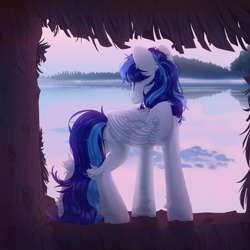 Size: 2500x2500 | Tagged: safe, artist:medkit, oc, oc only, oc:snowflake flower, pegasus, pony, blue eyes, blue mane, blue tail, butt fluff, chest fluff, cloud, colored eyebrows, colored eyelashes, colored hooves, colored pupils, colored wings, commission, complex background, ear fluff, ears up, eye clipping through hair, eyebrows, eyebrows visible through hair, eyes open, feathered wings, female, fir tree, fog, folded wings, forest background, fringe, high res, hoof fluff, lake, leg fluff, lightly watermarked, long mane, long tail, looking at something, mare, paint tool sai 2, pegasus oc, quadrupedal, rear view, reflection, shoulder fluff, signature, sky, smiling, standing, tail, three quarter view, tree, two toned mane, two toned tail, wall of tags, water, watermark, wing fluff, wings, wood, ych result