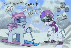 Size: 4686x3169 | Tagged: safe, artist:zlatdesign, chilly breezes, double diamond, earth pony, pony, mlp fim's thirteenth anniversary, g3, g4, cannon, glasses, male, rizz, skiing, snow, stallion, w