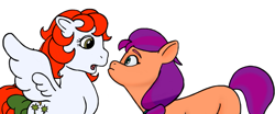 Size: 859x358 | Tagged: safe, artist:dsb71013, derpibooru exclusive, paradise, sunny starscout, earth pony, pegasus, pony, g1, g5, generation leap, looking at each other, looking at someone, simple background, staring contest, white background