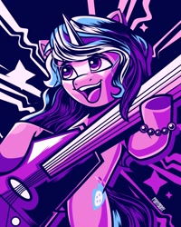 Size: 2400x3000 | Tagged: safe, artist:poxy_boxy, izzy moonbow, pony, unicorn, g5, bipedal, commission, dexterous hooves, electric guitar, female, guitar, high res, hoof hold, limited palette, mare, musical instrument, open mouth, open smile, smiling, solo