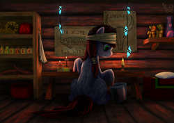 Size: 3508x2480 | Tagged: safe, artist:dr-fade, oc, oc only, earth pony, pony, alchemy, bucket, crystal, diagram, female, headband, high res, mare, potion, shaman, sitting, solo, voodoo doll, working