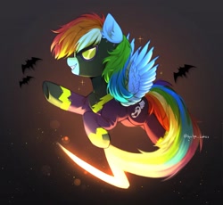 Size: 2048x1881 | Tagged: safe, artist:tyutya, rainbow dash, pegasus, pony, g4, clothes, costume, female, goggles, grin, halloween, halloween costume, holiday, mare, shadowbolt dash, shadowbolts, shadowbolts costume, shadowbolts uniform, signature, smiling, solo, sparkles, spread wings, wings
