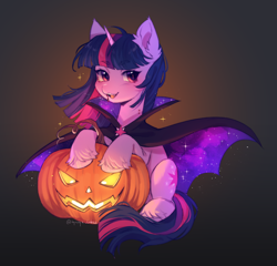 Size: 2902x2790 | Tagged: safe, artist:tyutya, twilight sparkle, pony, unicorn, vampire, g4, cape, clothes, costume, cute, ear fluff, eyebrows, eyebrows visible through hair, fangs, female, halloween, halloween costume, high res, holiday, hoof fluff, horn, jack-o-lantern, looking at you, mare, open mouth, open smile, pumpkin, signature, sitting, smiling, smiling at you, solo, sparkles, twiabetes, unicorn twilight, unshorn fetlocks, vampire costume