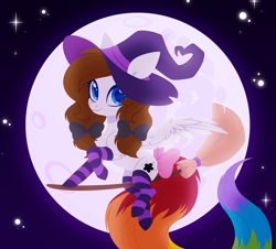 Size: 3320x3000 | Tagged: safe, artist:belka-sempai, oc, oc only, oc:color splash, pegasus, pony, broom, clothes, commission, female, flying, flying broomstick, full moon, hat, high res, looking at you, mare, moon, pegasus oc, rainbow tail, smiling, smiling at you, socks, solo, striped socks, tail, witch costume, witch hat, ych result