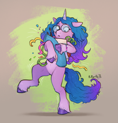 Size: 1723x1792 | Tagged: safe, artist:birdoffnorth, izzy moonbow, pony, unicorn, g5, belly, bipedal, carrying, confetti, female, glasses, hooves, paintbrush, solo, unshorn fetlocks