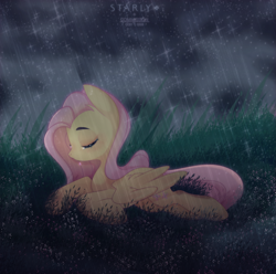 Size: 3961x3932 | Tagged: safe, artist:starllly, fluttershy, pegasus, pony, g4, commission, crying, eyebrows, eyes closed, female, grass, high res, lying down, mare, outdoors, partially open wings, prone, rain, sad, solo, sparkles, teary eyes, wings