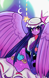 Size: 1900x3000 | Tagged: safe, artist:marubup, twilight sparkle, alicorn, human, original species, youkai, g4, clothes, cosplay, costume, crossover, dress, female, folded wings, humanized, remilia scarlet, solo, touhou, transformation, twilight sparkle (alicorn), winged humanization, wings