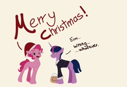 Size: 2000x1380 | Tagged: safe, artist:pascal571, pinkie pie, twilight sparkle, earth pony, pony, unicorn, g4, alternate hairstyle, christmas, clothes, costume, dialogue, duo, female, halloween, halloween costume, hat, holiday, mare, merry christmas, nightmare night costume, open mouth, open smile, out of season, pumpkin bucket, santa hat, simple background, smiling, talking to viewer, unicorn twilight, wednesday addams, yellow background