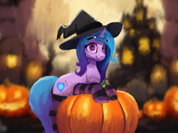 Size: 2732x2048 | Tagged: safe, artist:phutashi, izzy moonbow, pony, unicorn, g5, clothes, female, halloween, hat, high res, holiday, jack-o-lantern, looking at you, mare, pumpkin, smiling, smiling at you, socks, solo, striped socks, witch hat