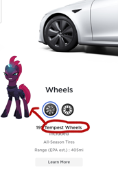 Size: 720x1044 | Tagged: safe, fizzlepop berrytwist, tempest shadow, g4, my little pony: the movie, broken horn, car, horn, meme, name pun, tesla, tesla model s, wheel