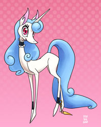 Size: 2235x2803 | Tagged: safe, artist:fishtaildraws, oc, original species, pony, unicorn, choker, clothes, cute, eyelashes, female, high res, light skin, long mane, long neck, long tail, maid, pretty, red eyes, solo, tail, thin