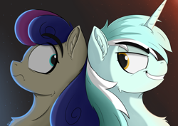 Size: 4093x2894 | Tagged: safe, artist:rapid9, bon bon, lyra heartstrings, sweetie drops, earth pony, pony, unicorn, g4, back to back, bon bon is not amused, cute, duo, duo female, ear fluff, eye clipping through hair, eyebrows, eyebrows visible through hair, female, frown, gradient background, grin, high res, lesbian, lyrabetes, mare, ship:lyrabon, shipping, smiling, sternocleidomastoid, unamused