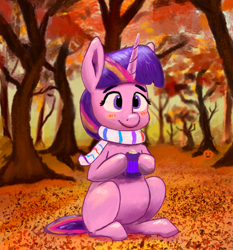Size: 2048x2197 | Tagged: safe, artist:phutashi, twilight sparkle, pony, unicorn, g4, autumn, belly, blushing, clothes, cute, drink, female, high res, hoof hold, hot drink, looking at you, mare, missing cutie mark, mug, outdoors, pumpkin, round belly, scarf, sitting, smiling, solo, three quarter view, tree, twiabetes, unicorn twilight