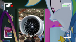 Size: 474x261 | Tagged: safe, edit, edited screencap, screencap, rainbow dash, human, do it for the ponygram!, equestria girls, g4, my little pony equestria girls: better together, boeing, boeing 777, boeing 777x, camera shot, female, ge9x, irl, irl human, jet engine, lockers, meme, photo, prank fail, rainbow dash's prank fail