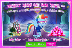Size: 1961x1300 | Tagged: safe, gameloft, rainbow dash, pegasus, pony, g4, my little pony: magic princess, official, advertisement, bracelet, bush, clothes, costs real money, cutie mark on clothes, english, female, gem, glasses, guitar, introduction card, jacket, jewelry, mare, mobile game, mohawk, musical instrument, numbers, pants, retro rainbow dash, sale, shirt, solo, spread wings, text, wings