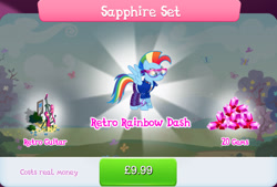 Size: 1267x857 | Tagged: safe, gameloft, rainbow dash, pegasus, pony, g4, my little pony: magic princess, official, bracelet, bundle, bush, clothes, costs real money, cutie mark on clothes, english, female, gem, glasses, guitar, jacket, jewelry, mare, mobile game, mohawk, musical instrument, numbers, pants, retro rainbow dash, sale, shirt, solo, spread wings, text, wings