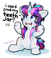 Size: 3351x3838 | Tagged: safe, artist:partypievt, oc, oc only, oc:party pie, pony, unicorn, belly, belly button, crying, high res, implied grimdark, jar, looking up, ponytail, simple background, sitting, solo, speech bubble, teary eyes, text, vtuber, white background