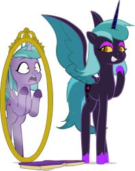 Size: 1354x1708 | Tagged: safe, artist:equestriaexploration, shiny sparks, alicorn, pony, g5, my little pony: tell your tale, alicornified, duality, evil smile, female, grin, mare, mirror, nightmare shiny sparks, nightmarified, open mouth, race swap, simple background, smiling, sparksicorn, transparent background, trapped