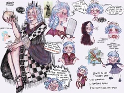 Size: 3072x2304 | Tagged: safe, artist:melody in wonderland, cozy glow, human, g4, season 8, angry, blood, blue hair, bow, chess, chess piece, chessboard, cigarette, clothes, curly hair, cute, cutie mark on clothes, digital art, doodle, dress, fangs, female, formal wear, freckles, hair bow, high heels, high res, hood, humanized, implied murder, knife, lipstick, looking at you, older, older cozy glow, red dress, red eyes, ribbon, ringlets, sharp teeth, shoes, signature, simple background, simple shading, skull, smiling, smiling at you, smirk, speech bubble, teeth
