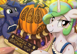 Size: 3508x2480 | Tagged: safe, artist:neoshrek, princess celestia, princess luna, alicorn, bat, pony, spider, g4, alternate hairstyle, apron, bonding, cake, chariot, clothes, cute, cutelestia, duo, female, folded wings, food, halloween, high res, holiday, horn, looking at you, lunabetes, nightmare night, pumpkin, pumpkin chariot, royal sisters, siblings, sisters, smiling, smiling at you, text, wings
