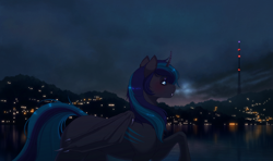 Size: 2530x1500 | Tagged: safe, artist:silverwolf866, oc, oc only, alicorn, bat pony, bat pony alicorn, pony, bat pony oc, bat wings, city, cityscape, commission, female, horn, mare, night, solo, wings, ych result