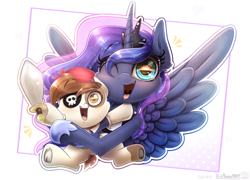 Size: 3120x2250 | Tagged: safe, artist:phoenixrk49, pipsqueak, princess luna, alicorn, earth pony, pony, g4, clothes, colt, costume, cute, duo, ethereal mane, eyepatch, female, foal, frog (hoof), high res, holding a pony, hoof hold, hoofbutt, horn, looking at you, male, mare, nightmare night costume, one eye closed, open mouth, open smile, pirate costume, signature, smiling, smiling at you, spread wings, starry mane, toy sword, underhoof, wings