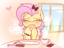 Size: 2960x2250 | Tagged: safe, artist:phoenixrk49, fluttershy, pegasus, pony, semi-anthro, g4, arm hooves, blushing, bow, bread, brush, cup, cute, eating, eyes closed, female, floating heart, food, hair bow, hairbrush, heart, high res, hiragana, hoof hold, mare, shyabetes, smiling, solo, teacup, toast