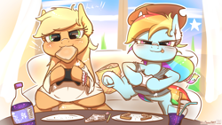 Size: 4000x2250 | Tagged: safe, artist:phoenixrk49, applejack, rainbow dash, earth pony, pegasus, pony, g4, accessory swap, applejack's hat, bandaid, bandaid on nose, blushing, bottle, bread, chips, controller, cowboy hat, cute, dashabetes, dexterous hooves, drink, drinking straw, duo, female, food, glass, grape soda (drink), hat, high res, hoof hold, jackabetes, licking, licking lips, looking at you, mare, mouth hold, narrowed eyes, smiling, soda bottle, toast, tongue out