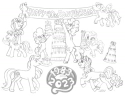 Size: 1301x1000 | Tagged: safe, artist:texasuberalles, derpibooru exclusive, izzy moonbow, light heart, pinkie pie, pinkie pie (g3), surprise, earth pony, pegasus, pony, unicorn, mlp fim's thirteenth anniversary, g1, g2, g3, g3.5, g4, g4.5, g5, my little pony: pony life, my little pony: stop motion short, newborn cuties, 1983, 2023, banner, bow, butt, cake, concave belly, diaper, english, female, filly, flying, foal, food, g3.75, grayscale, group, hair bow, hoof hold, logo, looking back, looking up, magic, mare, marzipan mascarpone meringue madness, mlp's 40th anniversary, monochrome, mouth hold, open mouth, pencil drawing, physique difference, plot, ponies riding ponies, quadrupedal, riding, round belly, simple background, slender, smiling, style comparison, style emulation, tail, tail bow, teeth, telekinesis, thin, traditional art, trotting, underhoof, unshorn fetlocks, white background