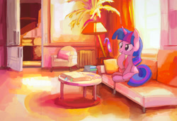 Size: 2615x1804 | Tagged: safe, artist:mandumustbasukanemen, twilight sparkle, pony, unicorn, g4, book, bookmark, color porn, couch, female, indoors, lamp, mare, potted plant, sitting, solo, thinking, unicorn twilight