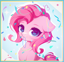 Size: 2505x2422 | Tagged: safe, artist:stahlkat, pinkie pie, earth pony, pony, g4, big eyes, bust, confetti, cute, diapinkes, eyebrows, female, floppy ears, high res, looking at you, mare, mouth hold, portrait, smiling, smiling at you, solo
