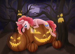 Size: 1920x1388 | Tagged: safe, artist:fess, pinkie pie, earth pony, pony, g4, ear fluff, female, forest, forest background, halloween, holiday, jack-o-lantern, knife, mare, night, nightmare night, pumpkin, selling