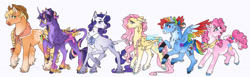 Size: 1280x396 | Tagged: safe, artist:ashmatashs, applejack, fluttershy, pinkie pie, rainbow dash, rarity, twilight sparkle, alicorn, earth pony, pegasus, pony, unicorn, g4, alternate design, alternate hairstyle, applejack's hat, bandana, braid, collar, colored wings, colored wingtips, concave belly, cowboy hat, curved horn, ear fluff, female, glasses, hat, height difference, horn, leonine tail, mane six, mare, physique difference, round belly, simple background, slender, tail, thin, transparent wings, twilight sparkle (alicorn), unshorn fetlocks, white background, wings