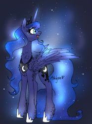 Size: 1527x2048 | Tagged: safe, artist:ashmatashs, princess luna, alicorn, pony, g4, chest fluff, female, heart, heart eyes, hoof shoes, jewelry, mare, night, peytral, princess shoes, regalia, solo, stars, wingding eyes