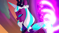 Size: 3072x1727 | Tagged: safe, screencap, opaline arcana, alicorn, pony, g5, my little pony: tell your tale, nightmare nightmarket, spoiler:g5, spoiler:my little pony: tell your tale, spoiler:tyts01e63, eyes closed, female, grin, mare, smiling, solo