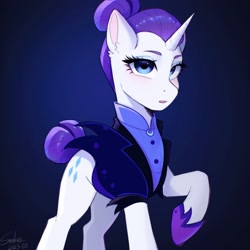 Size: 2048x2048 | Tagged: safe, artist:xiaowu07, rarity, pony, unicorn, g4, alternate hairstyle, alternate timeline, clothes, dark background, ear fluff, eyeshadow, female, high res, horn, looking at you, makeup, mare, night maid rarity, nightmare takeover timeline, raised hoof, signature, solo