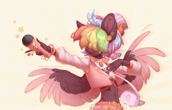 Size: 1280x819 | Tagged: safe, artist:avroras_world, oc, oc only, oc:walter evans, pegasus, anthro, bag, clothes, ear piercing, earring, femboy, handbag, hat, jewelry, male, microphone, midriff, piercing, solo, spread wings, stallion, wings, wristband
