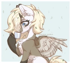 Size: 3400x3000 | Tagged: safe, artist:avroras_world, oc, oc only, hybrid, pegasus, pony, abstract background, chest fluff, cup, cute, drink, drinking, ear fluff, food, freckles, high res, hoof hold, horns, solo, steam, tea