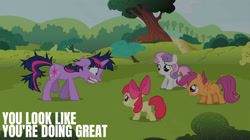 Size: 1280x719 | Tagged: safe, edit, edited screencap, editor:quoterific, screencap, apple bloom, scootaloo, sweetie belle, twilight sparkle, pegasus, g4, lesson zero, cutie mark crusaders, messy hair, messy mane, messy tail, tail, twilight snapple