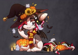 Size: 3962x2823 | Tagged: safe, artist:avroras_world, oc, oc only, bat, bat pony, ghost, pony, undead, abstract background, candle, clothes, commission, cute, fangs, female, flower, halloween, hat, high res, holiday, jack-o-lantern, mare, pumpkin, scarf, sitting, solo, striped scarf, sunflower, witch hat, ych result