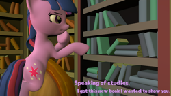 Size: 3840x2160 | Tagged: safe, artist:olkategrin, twilight sparkle, pony, unicorn, comic:no moaning in the library, g4, 3d, bipedal, book, bookshelf, comic, dialogue, english, female, golden oaks library, half-closed eyes, high res, horn, looking at something, room, source filmmaker, standing, tail, talking, text, thinking