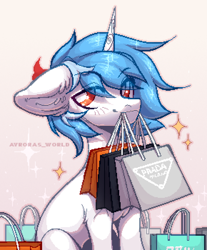 Size: 1160x1400 | Tagged: safe, artist:avroras_world, oc, oc only, oc:clairvoyance, pony, unicorn, abstract background, bag, commission, pixel art, shopping bag, solo, sparkles