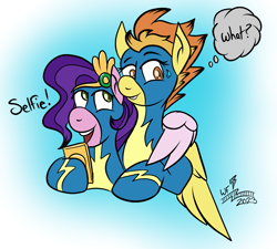 Size: 1371x1236 | Tagged: safe, artist:whirlwindflux, pipp petals, spitfire, pegasus, pony, mlp fim's thirteenth anniversary, g4, g5, clothes, duo, duo female, female, generational ponidox, hug, open mouth, open smile, selfie, smiling, sweat, sweatdrop, thought bubble, uniform, winghug, wings, wonderbolts, wonderbolts uniform