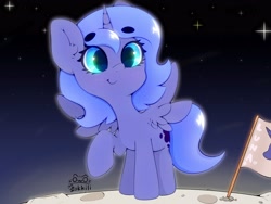 Size: 4000x3000 | Tagged: safe, artist:zokkili, princess luna, alicorn, pony, g4, beanbrows, cute, ear fluff, eyebrows, eyebrows visible through hair, female, high res, horn, lunabetes, moon, on the moon, raised hoof, signature, sky, smiling, solo, sparkles, spread wings, starry mane, starry tail, stars, tail, wings, young luna