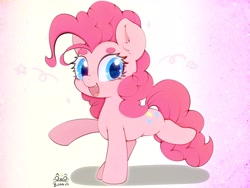 Size: 4000x3000 | Tagged: safe, artist:zokkili, pinkie pie, earth pony, pony, g4, beanbrows, colored eyebrows, cute, diapinkes, ear fluff, eyebrows, female, high res, looking at you, mare, open mouth, open smile, raised hoof, raised leg, signature, smiling, smiling at you, solo